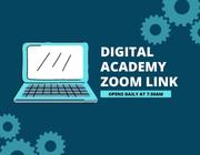  graphic of a laptop computer and gears with text which DTDA Zoom Link  Opens at 7:30am